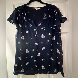 LOFT Navy Floral Ruffle Sleeve Top with Lavender and Yellow Blooms